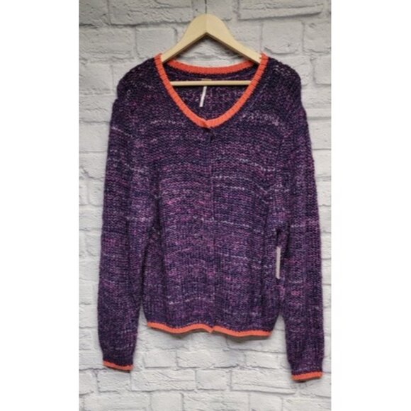NWT FREE PEOPLE XL WALK ON BY PURPLE ORANGE SNAP YARN BOXY CARDIGAN SWEATER TOP - Picture 12 of 12
